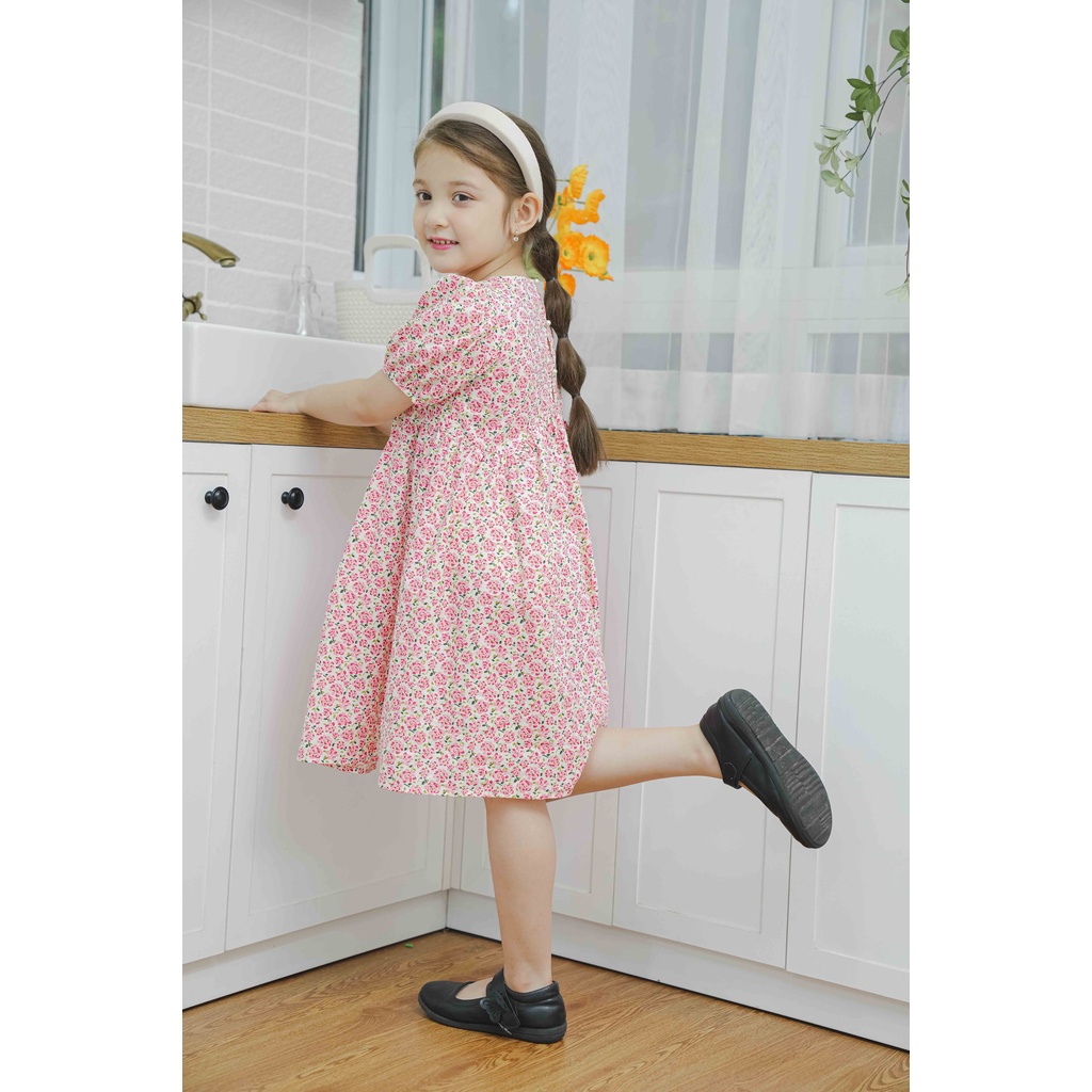 Váy babydoll cộc tay vải thô hoa nhí CRABIE bé gái - Jolie dress - Hoa nhí hồng