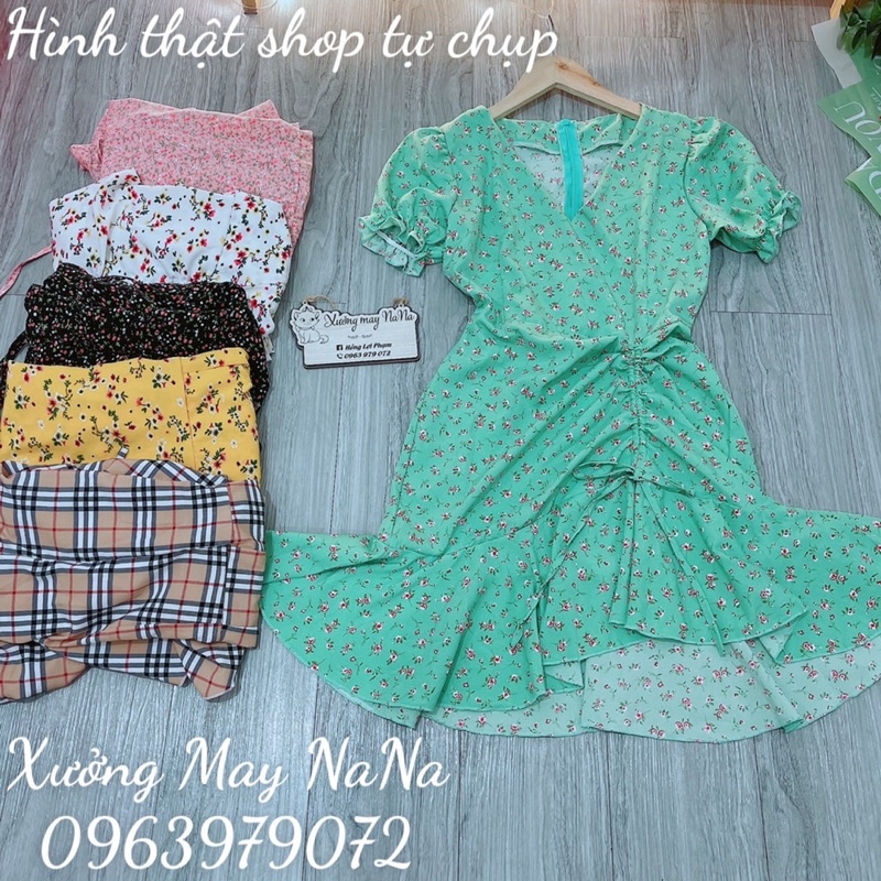 Đầm hoa nhí tay phồng rút dây