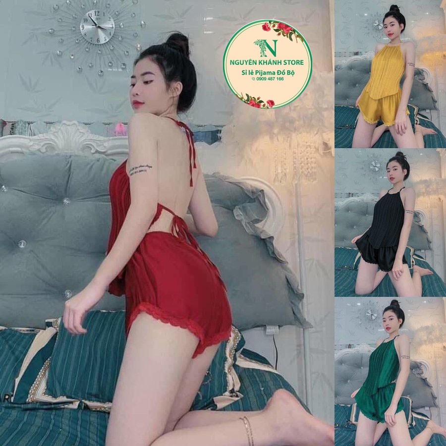 Đồ Ngủ Sexy, Set Yếm Dập Ly Hở Lưng Gợi Cảm, Vải Phi Lụa Mềm Mại, Freesize Dưới 58kg | BigBuy360 - bigbuy360.vn