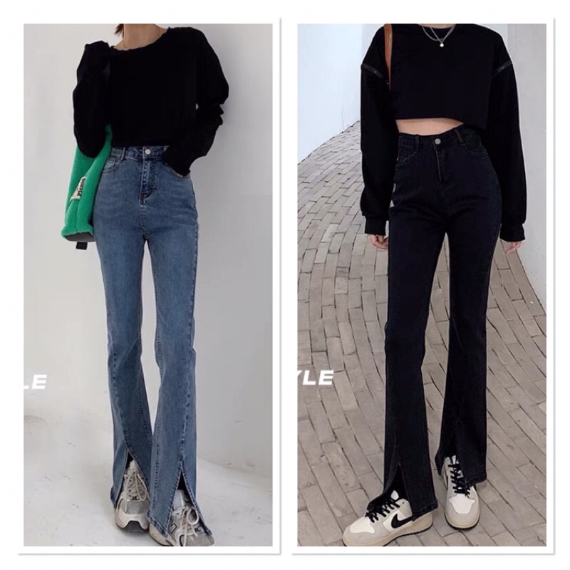 Quần jeans nữ ống loe xuông đứng cạp cao, quần bò xẻ gấu co dãn hàng cao cấp | WebRaoVat - webraovat.net.vn