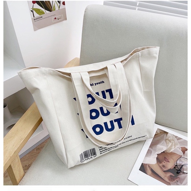 Túi tote túi vải canvas cỡ lớn Youth phong cách Hàn quốc có khóa miệng ngăn phụ bên trong thời trang ulzzang-Haka store