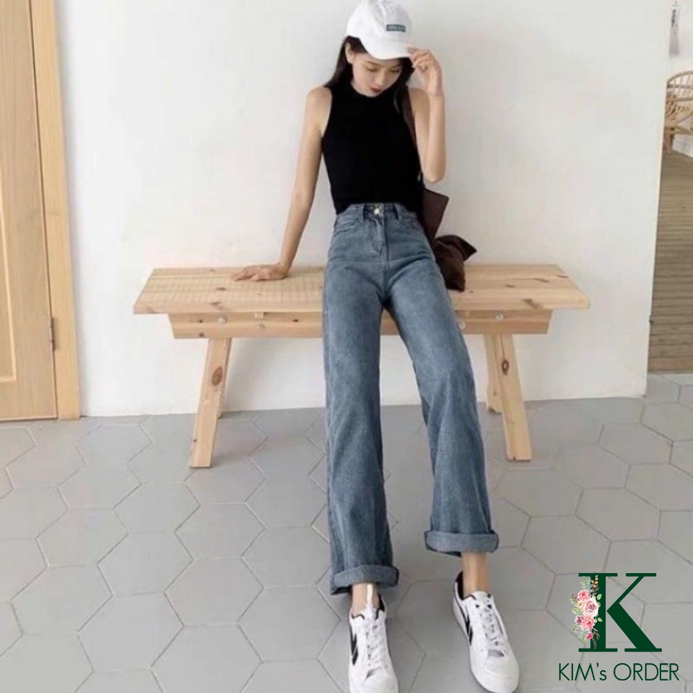 Quần jeans nữ ống suông trơn lưng cao dáng rộng màu xanh phong cách Ulzzang Hàn Quốc chất liệu co dãn nhẹ cao cấp