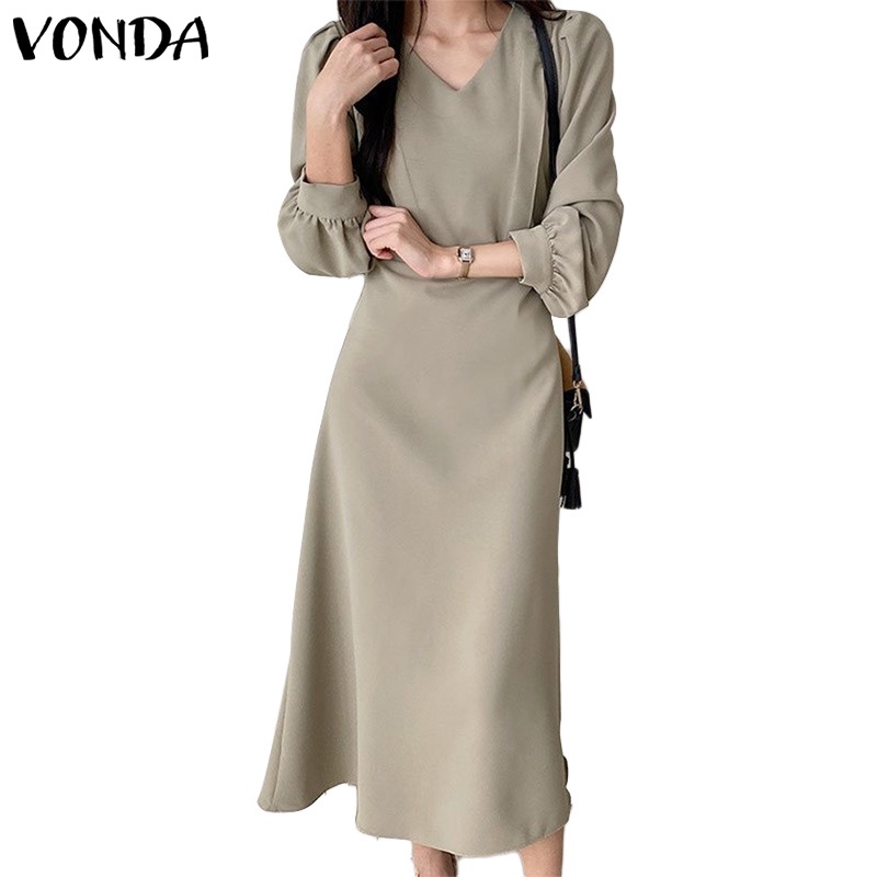 Đầm VONDA dáng dài tay dài xếp nếp cổ chữ V màu trơn phong cách Hàn Quốc thời trang dành cho nữ
