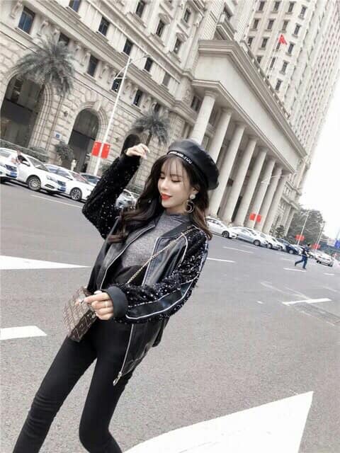 Áo khoác da phối kim tuyến kèm ảnh thật