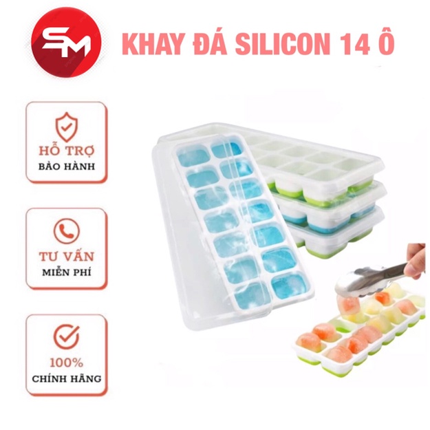 Khay đá đế silicon 14 viên có nắp đậy tiện lợi dễ dàng lấy đá