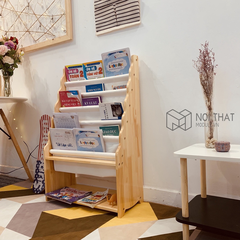 Kệ sách 4 tầng montessori, giá sách kèm hộc đổ đồ tiện lợi - chất liệu gỗ thông nhập khẩu hàng loại 1