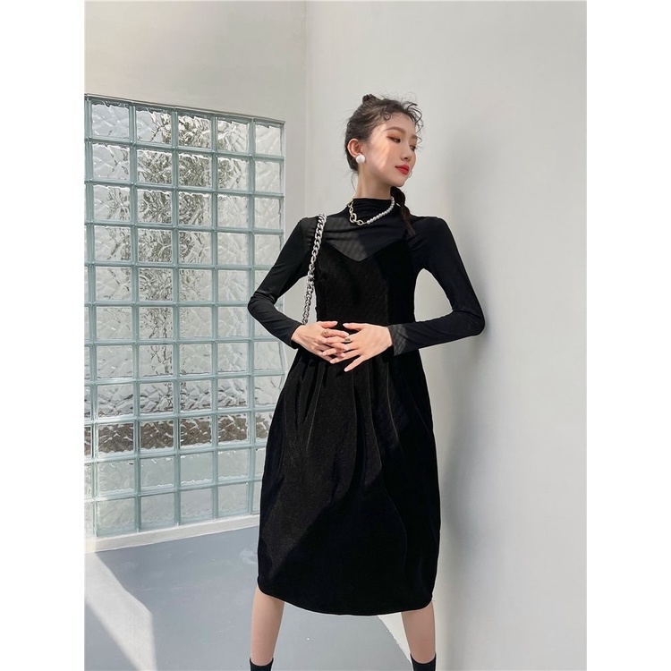 [Chất lượng cao] Đầm nhung hai dây hở lưng hình bướm màu vàng phong cách Pháp thanh lịch retro mùa thu cổ điển cho nữ