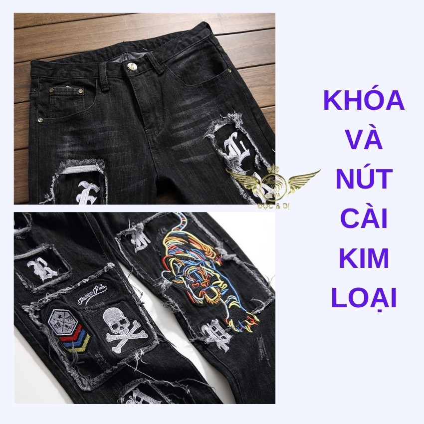 Quần jean nam đẹp rách xước độc lạ LEVANO chất liệu vải bò jeans không co giãn cao cấp thêu mặt hổ đầu nâu QJ011 | BigBuy360 - bigbuy360.vn