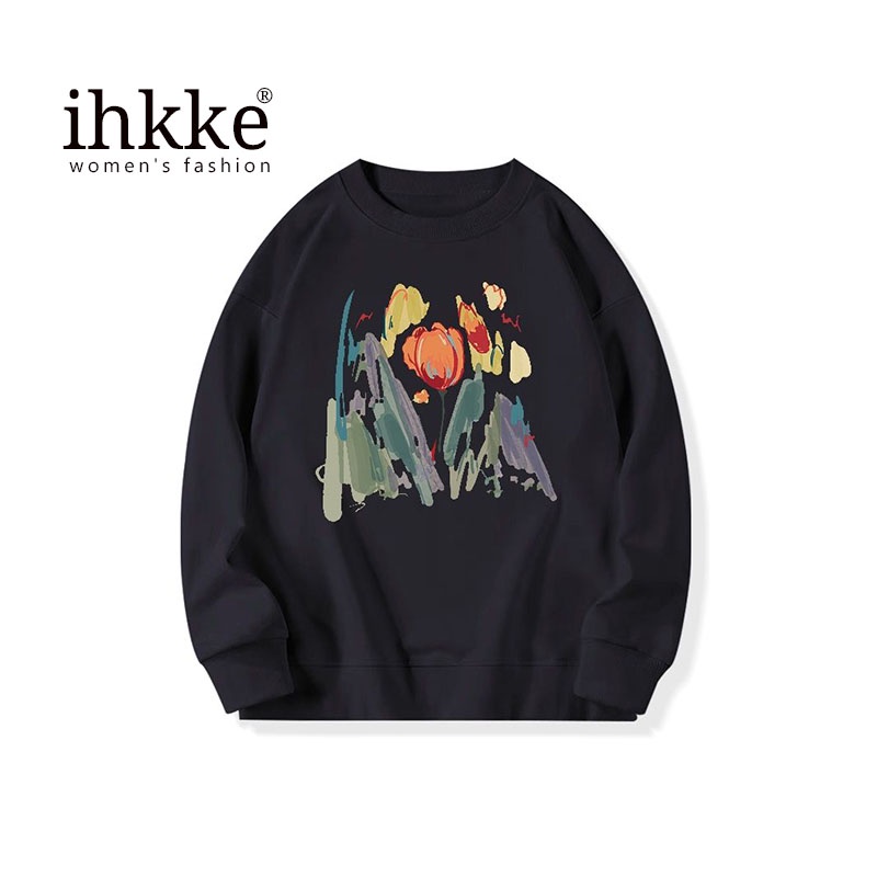 Áo sweater/ Áo thun Ihkke ngắn/ dài tay cổ tròn không có mũ trùm đầu dáng rộng in hình thời trang mùa thu mới