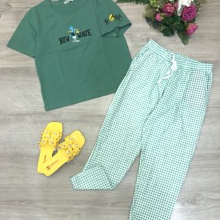 Đồ bộ Nữ áo logo Thêu ..quần dài sọc carô
