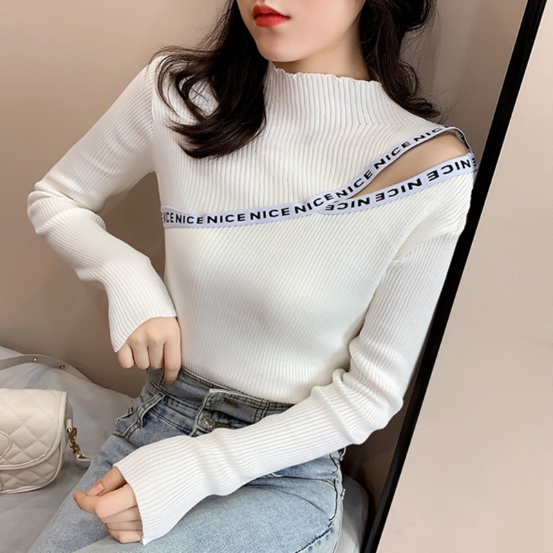 Áo Dệt Kim Cổ Cao Dáng Ôm In Chữ Màu Trơn Thời Trang