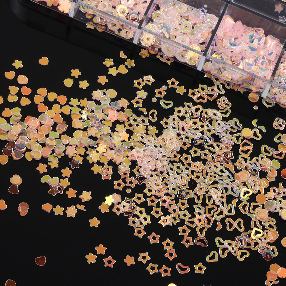 Hộp 12 ngăn hình sao trái tim trong suốt lấp lánh trang trí móng tay chứa sequin