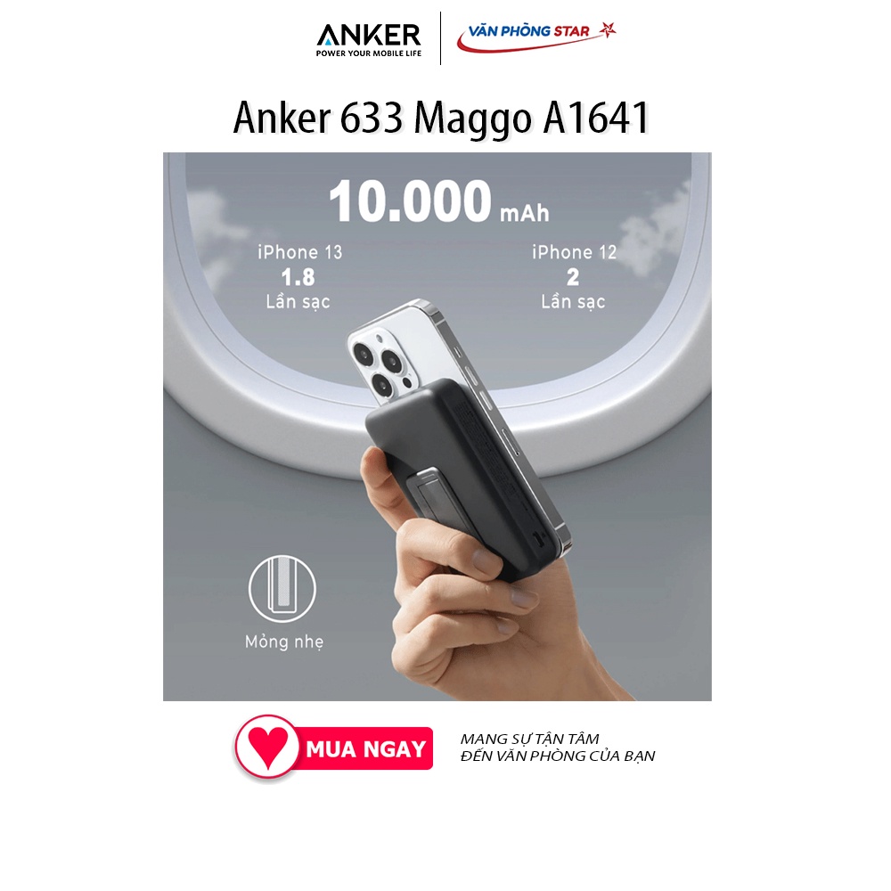 Pin sạc dự phòng không dây từ tính Anker 633 Maggo A1641 cổng nguồn USB-C 20W và cáp sạc USB-C Dung lượng 10.000 mAh