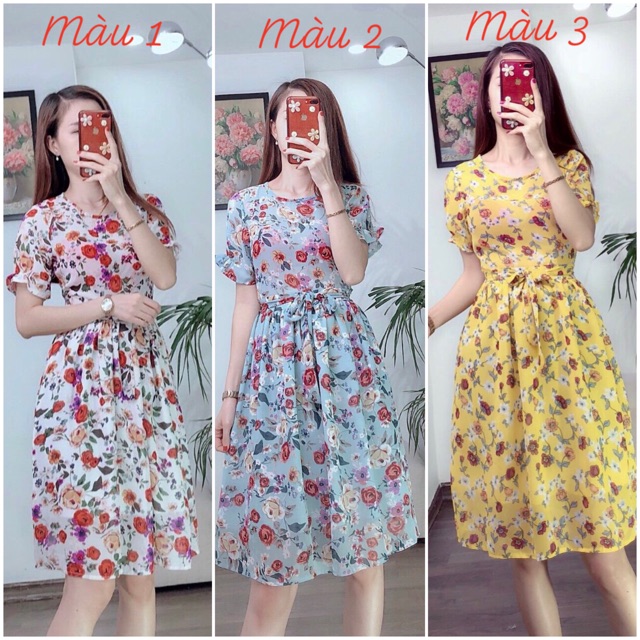 Bán Sỉ Đầm xoè cổ tròn tay nhún bèo hoạ tiết
