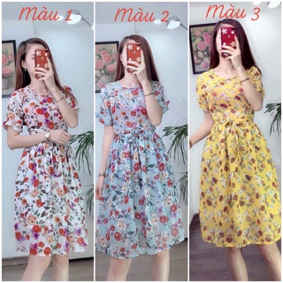 Bán Sỉ Đầm xoè cổ tròn tay nhún bèo hoạ tiết