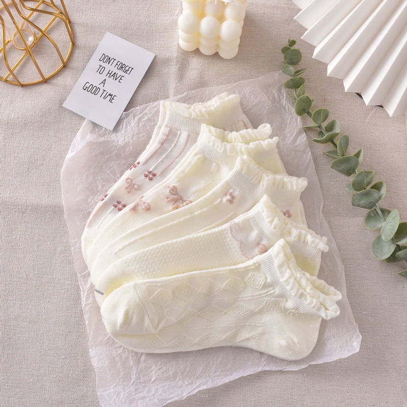 Sét 5 Tất Nữ Cổ Bèo Tone Trắng Họa Tiết Nơ Hồng Dễ Thương (5 đôi) Tn2