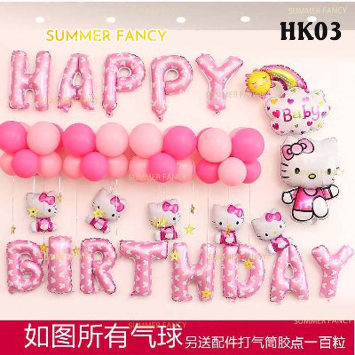 [ TẶNG BƠM + KEO ]Set bóng mèo kitty +sinh nhật hồng Happy birthday - trang trí thôi nôi cho bé gái - Foil balloon