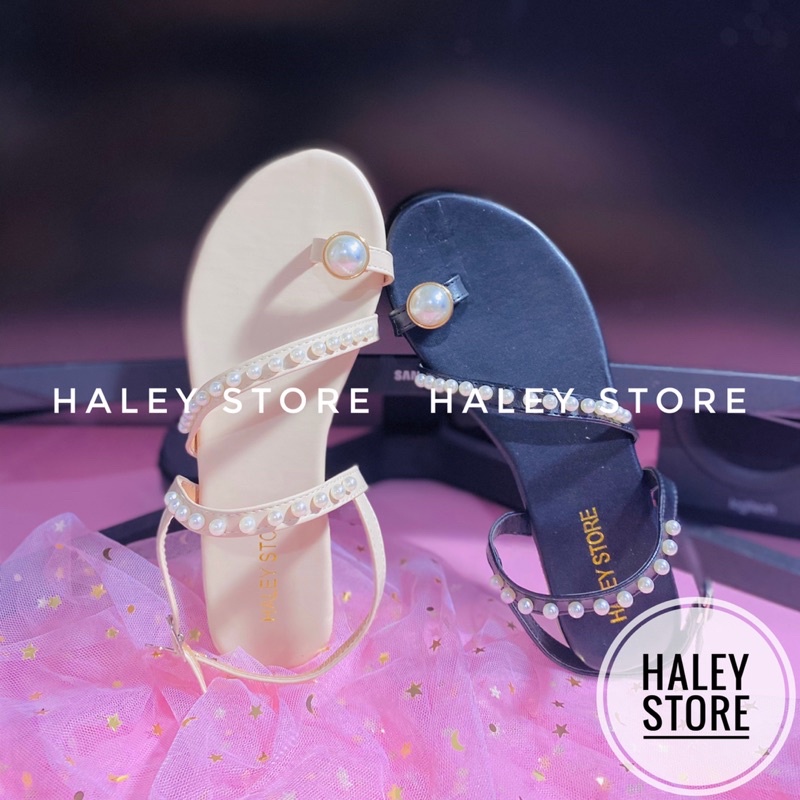 Giày sandal nữ HALEY STORE đế bệt quai mảnh xỏ ngón đính ngọc khoá cài rẻ bền đẹp đi chơi đi học đi tiệc đi du lịch