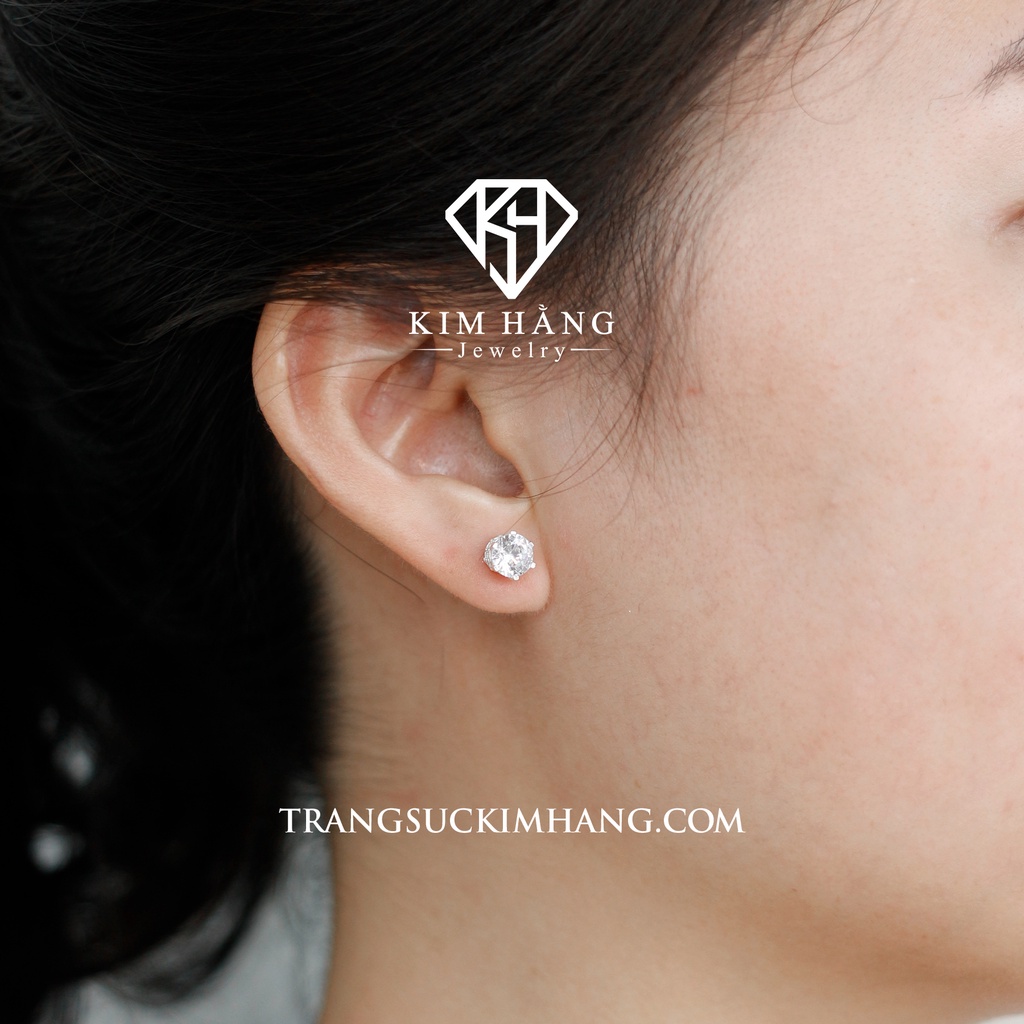 Khuyên Tai BẠC 6 Chấu Thiết Kế Viền Đá - Chốt Đẩy