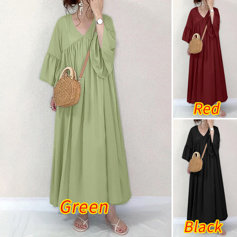 Đầm Maxi ZANZEA Tay Lỡ Cổ Chữ V Màu Trơn Sành Điệu Cho Nữ | BigBuy360 - bigbuy360.vn