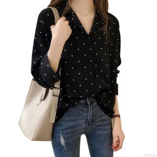 Áo sơ mi Chiffon chấm bi tay dài cho nữ