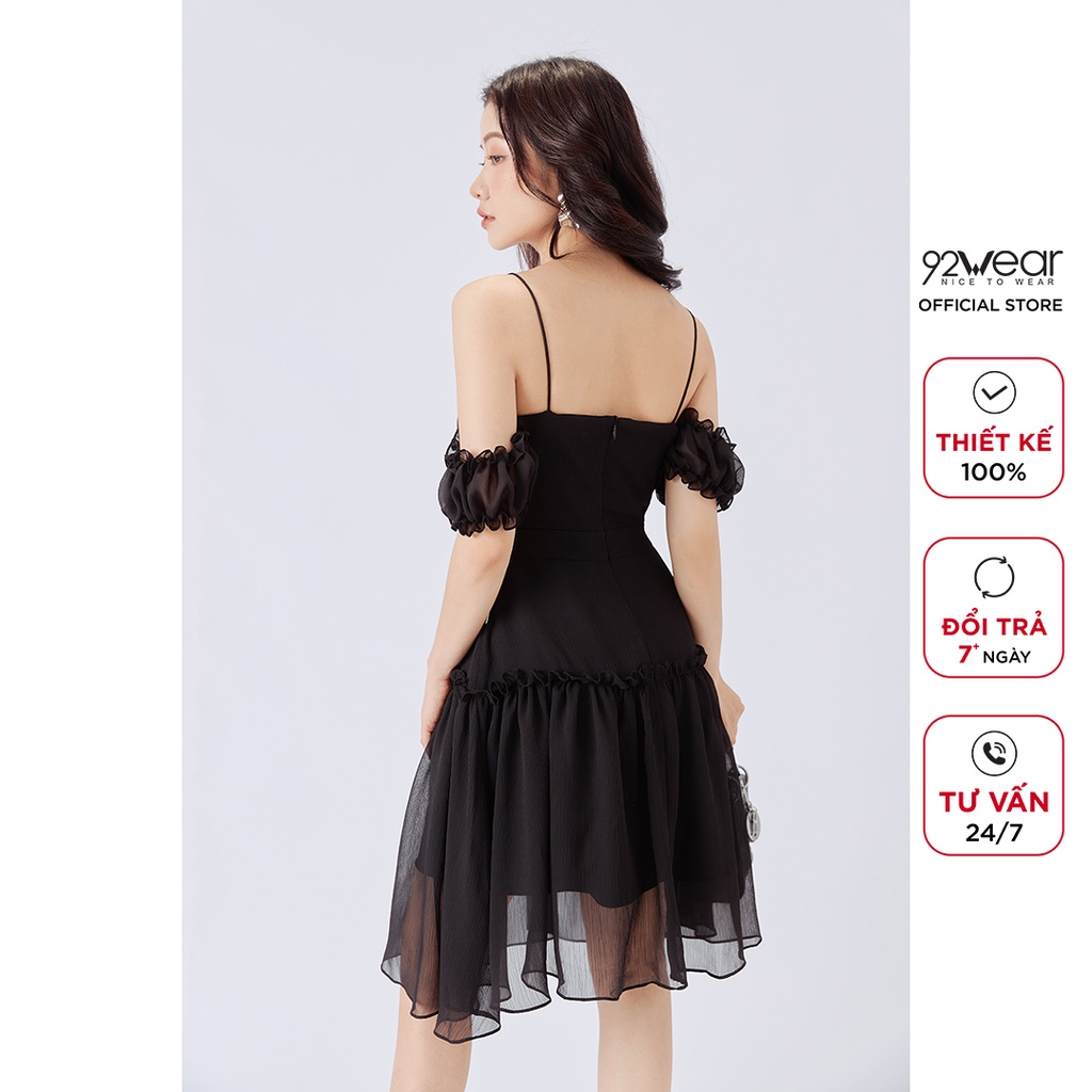 Đầm 2 dây dự tiệc 92WEAR thiết kế dáng xòe phối voan tay trễ vai gợi cảm quyến rũ DEW1113