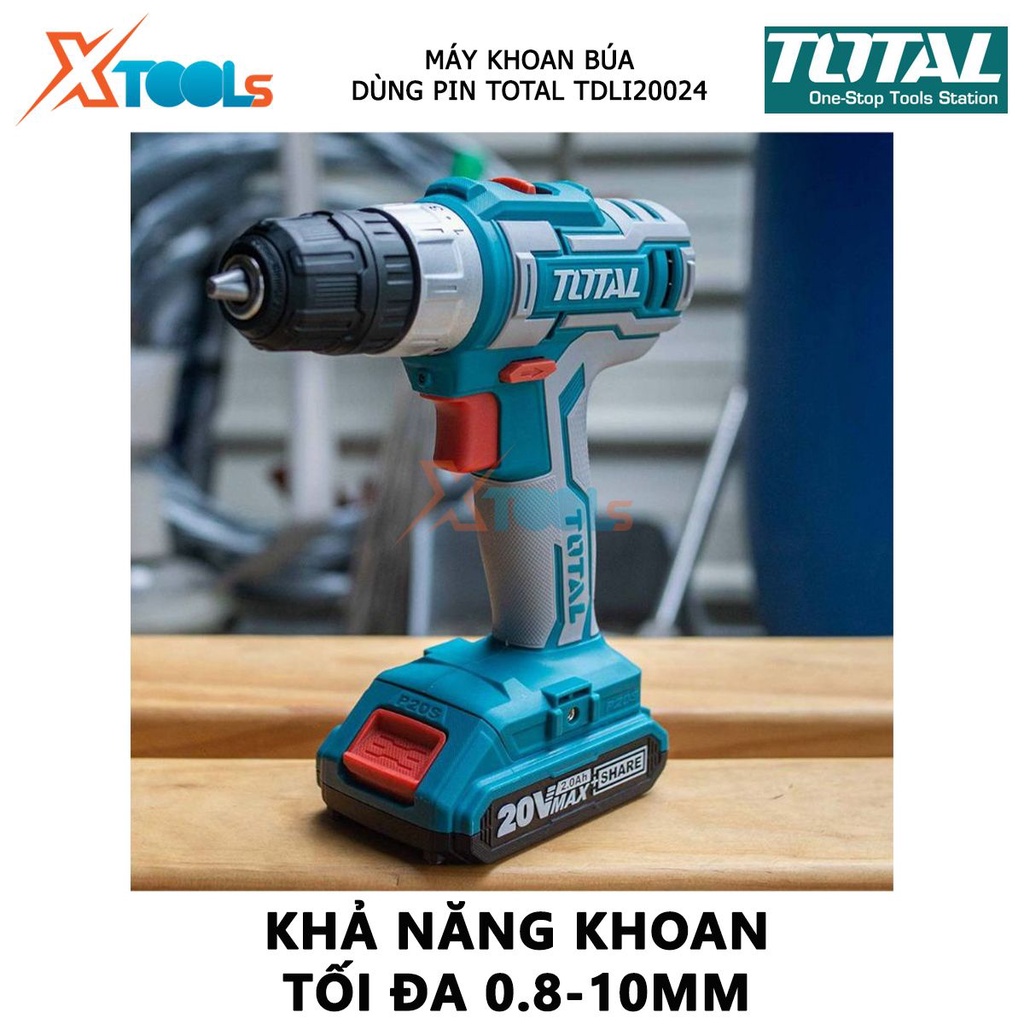 Máy khoan pin cầm tay 20V Total TDLI20024 hai tốc độ 400-1350v/p, có đèn làm việc, kèm theo 1 pin sạc 2ah, khả năng khoa
