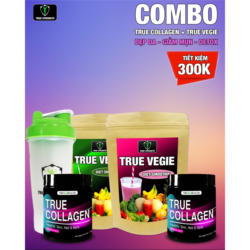 Combo Đẹp Da, Detox, Giảm Mụn 2 hũ TRUE COLLAGEN và  2 gói TRUE VEGIE - Tặng kèm bình lắc | Thế Giới Skin Care