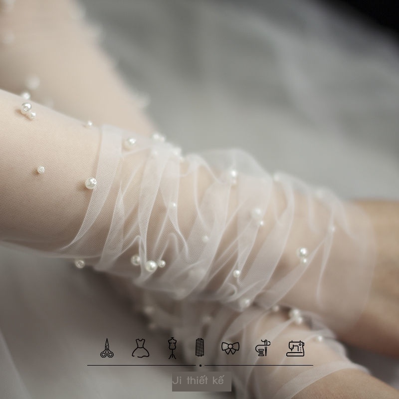 [Aishang Trang Sức Đẹp] Găng Tay Cô Dâu Màu Trắng Đính Ngọc Trai Găng Tay Gạc Dáng Ngắn Dùng Khi Chụp Ảnh Du