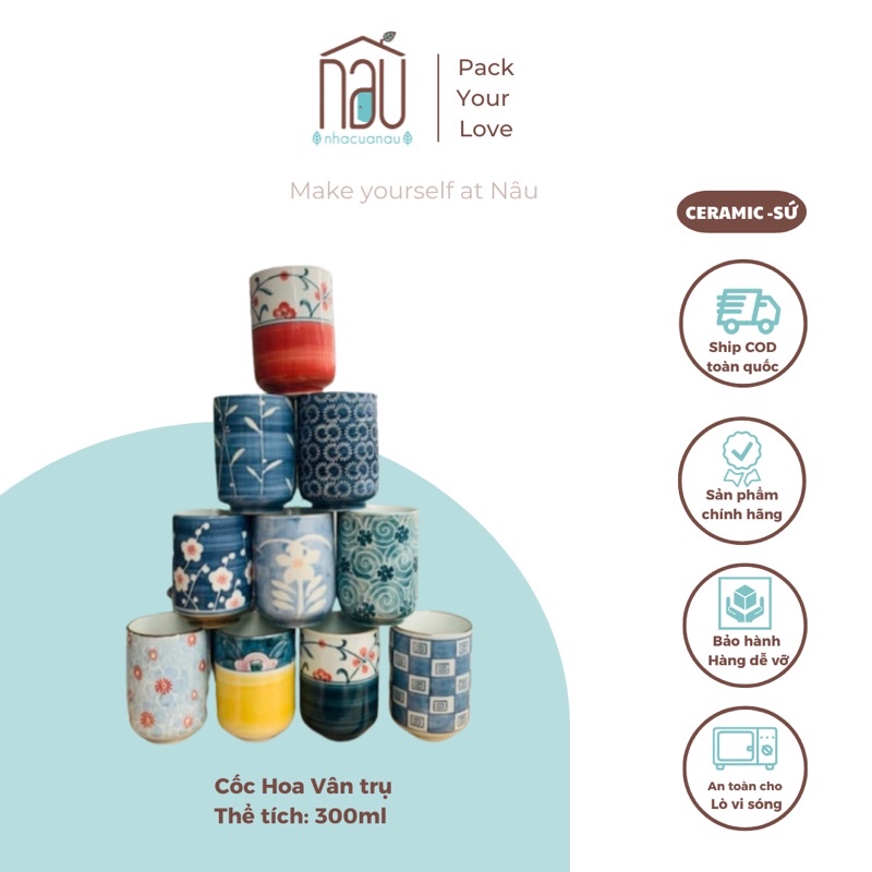 Cốc Hoa Vân dáng trụ phong cách Nhật thể tích 300ml uống trà xanh, trà hoa, nước vối, làm quà tặng tân gia