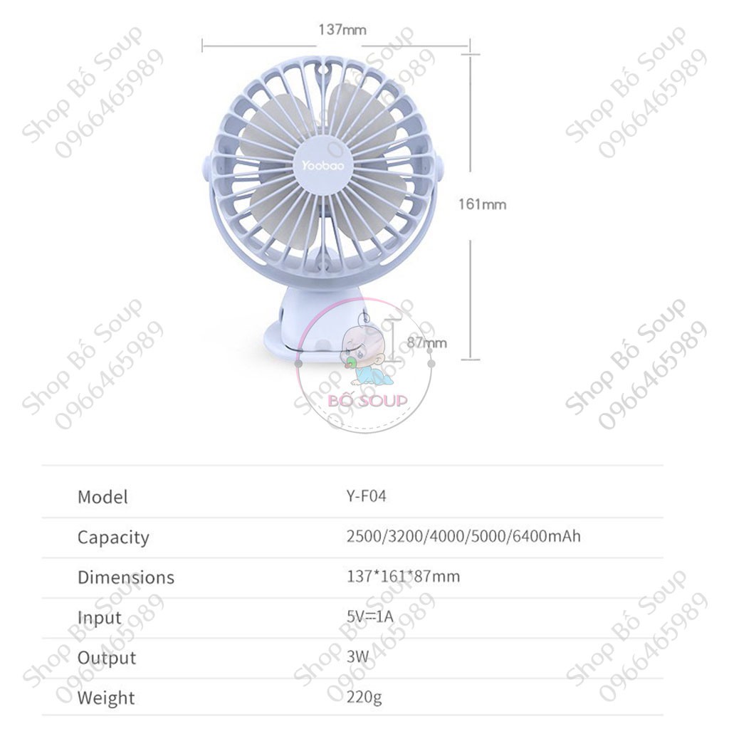 Quạt Mini YooBao 6400mAh, Xoay Góc 720 Độ, Đế Kẹp Đa Năng Hoặc Đặt Bàn Shop Bố Soup