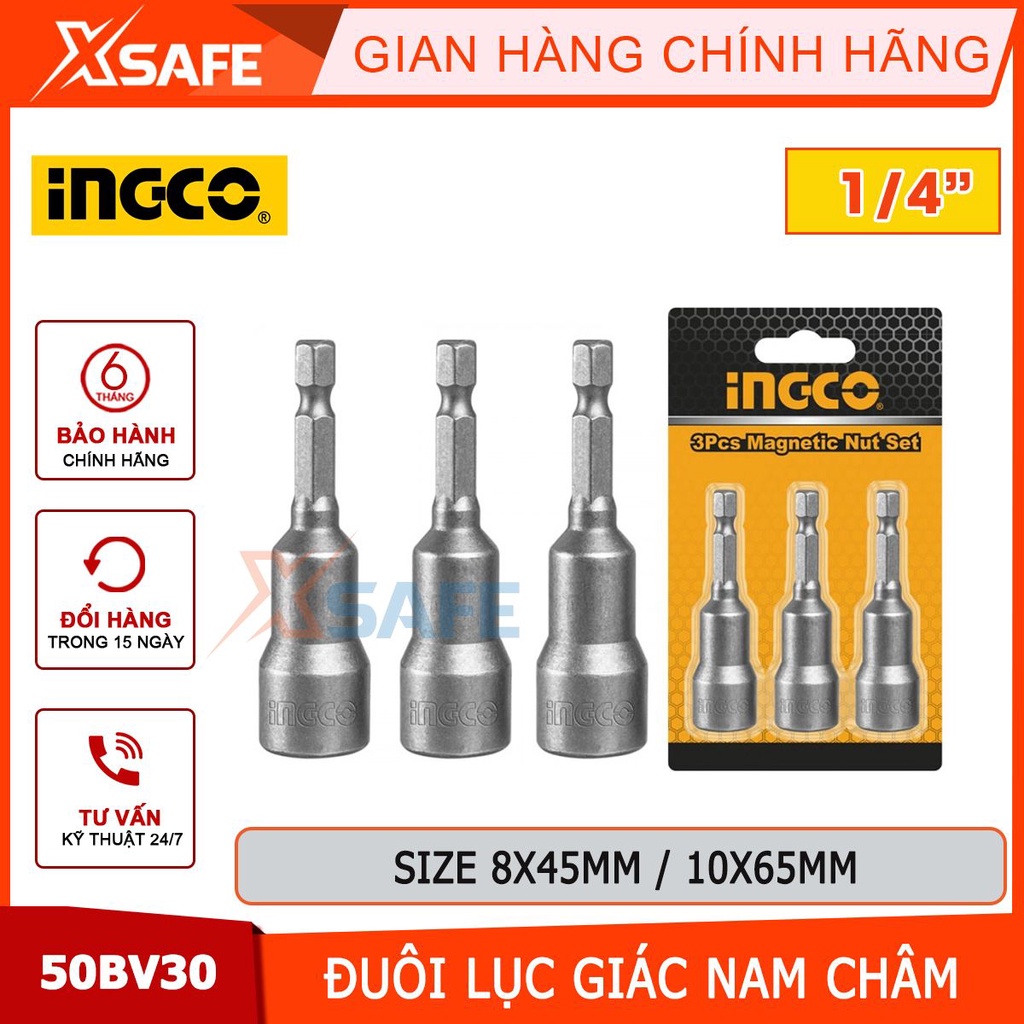 Bộ 3 đầu bắn tôn từ tính đuôi lục giác 1/4&quot; Ingco 8x45mm, 10x65mm thép cr-v, mũi bắn vít tôn nam châm - chính hãng
