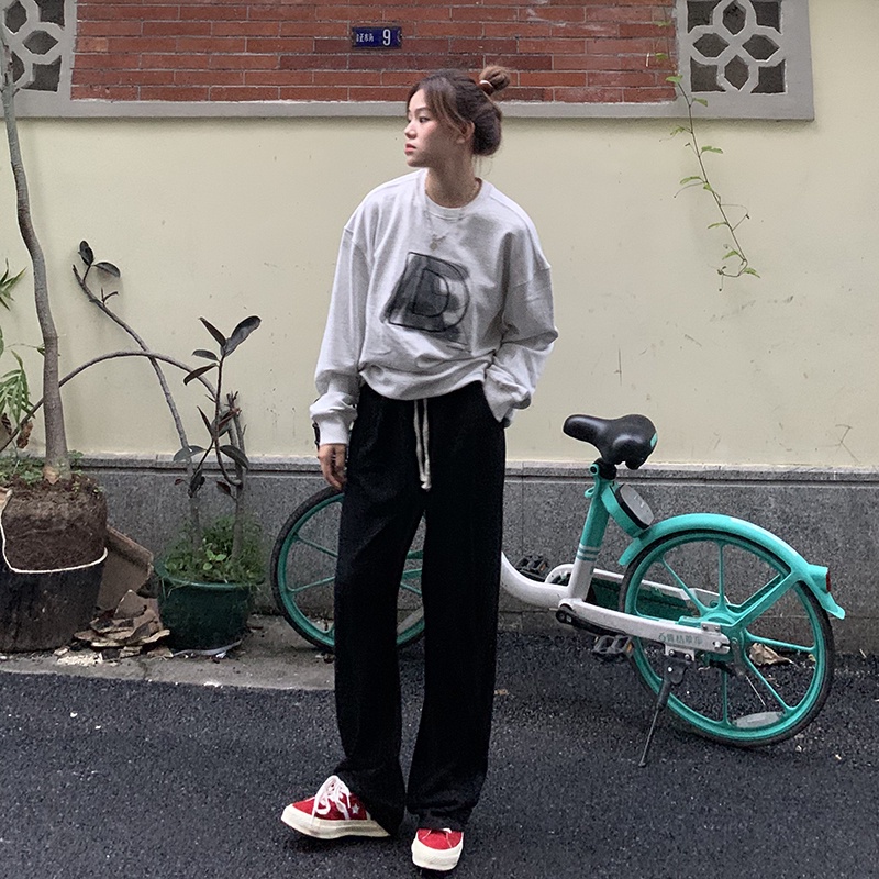 Quần dài thể thao ống rộng lưng thun co giãn màu đen phong cách Hàn Quốc sành điệu cho nữ