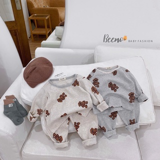 Bộ cotton beemo hình gấu 2 màu ghi / be size 80 - 130