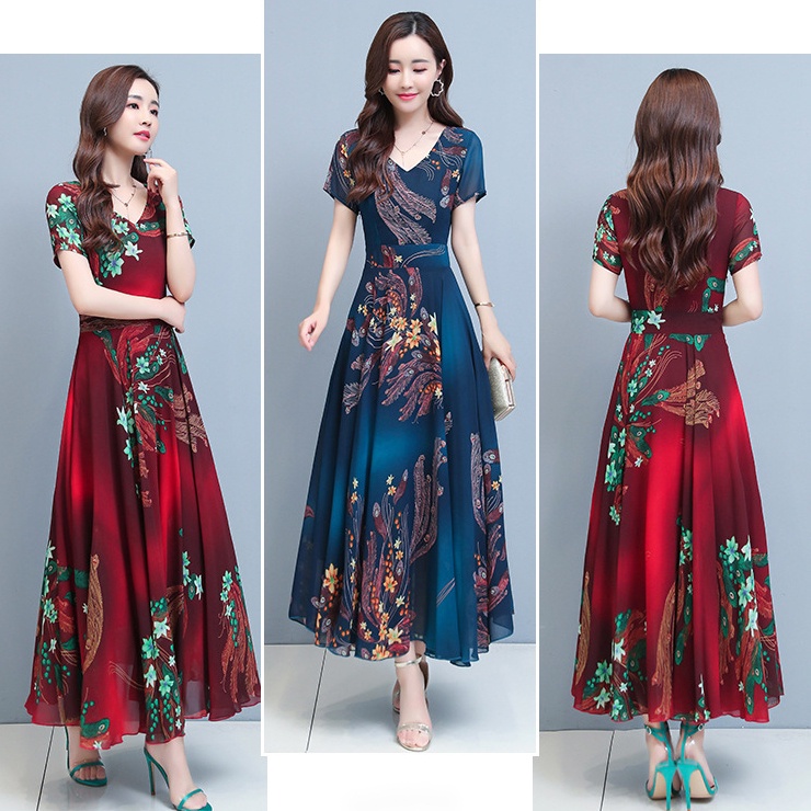 Đầm Dài Qua Gối Dáng Chữ A Cổ Chữ V In Họa Tiết Hoa Màu Sắc Xinh Xắn