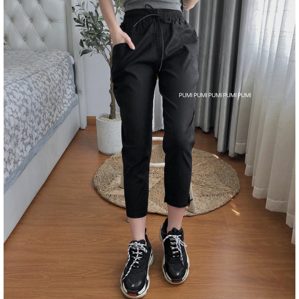 Quần dáng baggy ống suông nữ dây rút lưng thun chất kaki thun có độ co giãn tốt 3 size SML Pumi