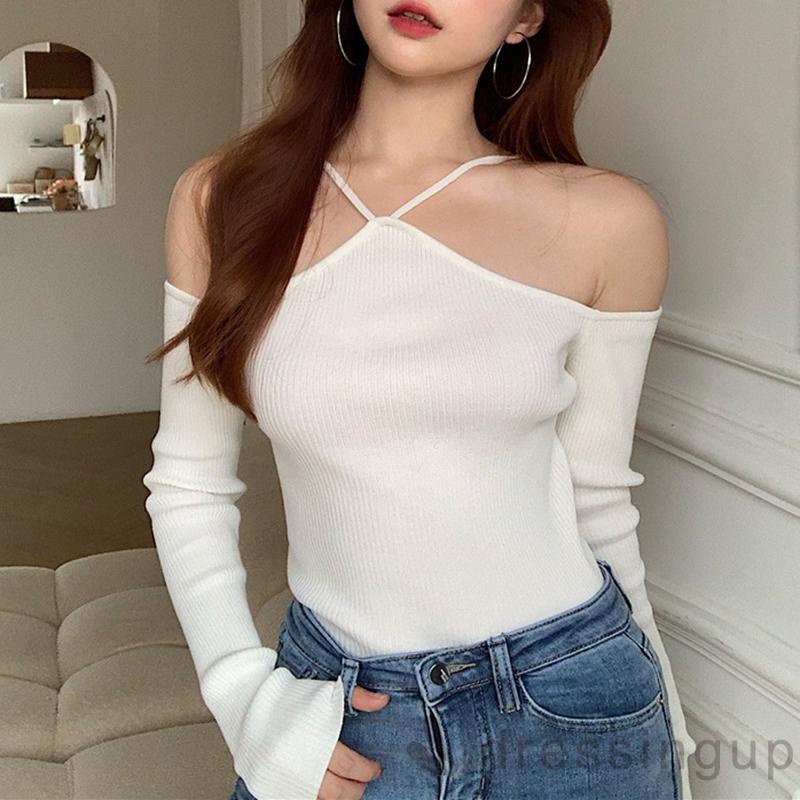 Đầm Dệt Kim Tay Dài Trễ Vai Màu Trơn / Trắng / Đen Thời Trang Mùa Hè Cho Nữ