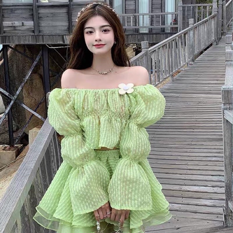 282 Set áo croptop + chân váy voan nhún