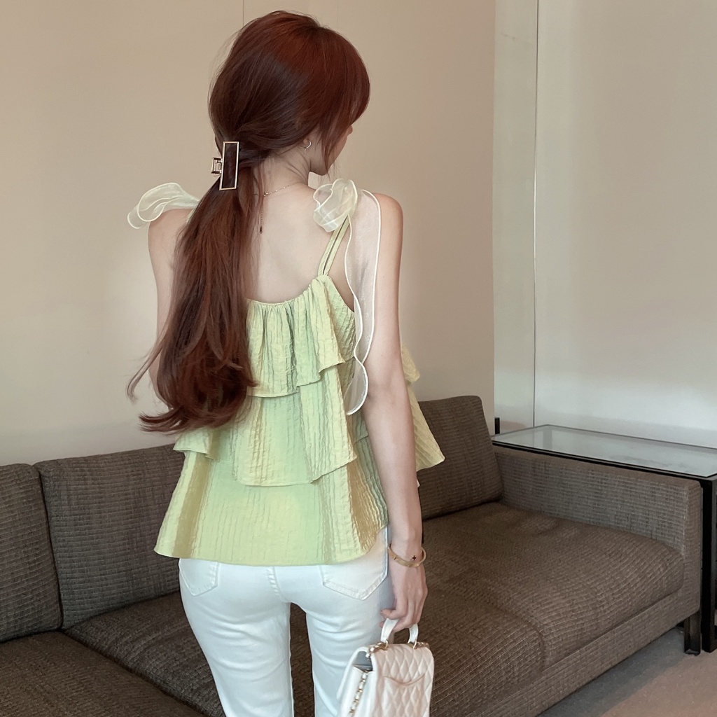 Áo Voan Hai Dây Phối Nơ Phong Cách Pháp Ngọt Ngào Thời Trang Mùa Hè Dành Cho Nữ