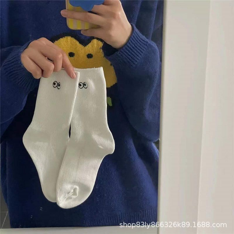 Vớ Cotton Màu Trơn Thêu Họa Tiết Đôi Mắt Nhỏ Dễ Thương Vui Nhộn Thời Trang Xuân Hè Cho Nữ