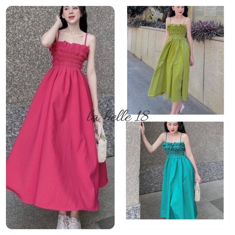 Váy 2 dây nhún ngực chun ôm ngực dáng xoè nhỏ chất thô lụa dáng dài