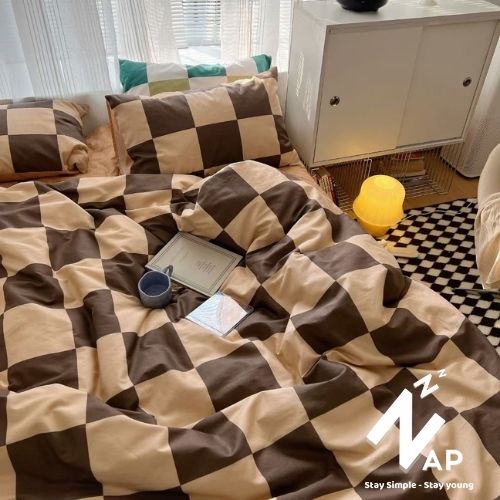 Bộ 4 Món Vỏ Chăn Ga Gối Cotton 100% Living Caro Nâu Phong Cách Hàn Quốc Vintage Sang Xịn Mịn Napbedding