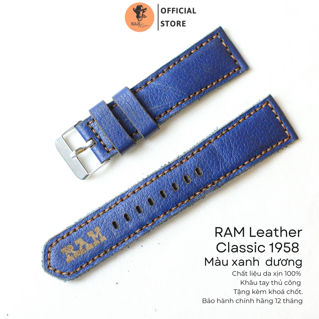 Dây Đồng Hồ Da Thật RAM Leather 1958 Da Bò Mill Xanh Navy Bền Đẹp