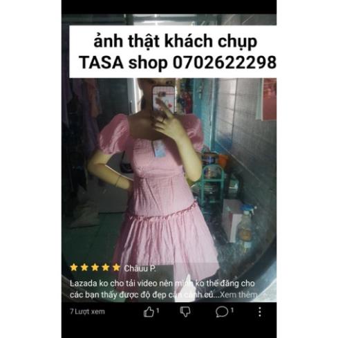 TTO-Video ảnh thật, Đầm tay phồng hở lưng tùng xoè nhún tầng, váy cổ vuông  xanh, hồng, trắng