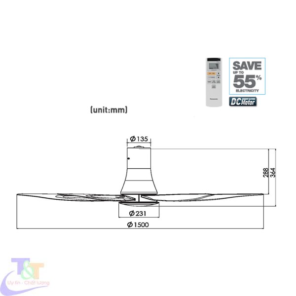 Quạt trần Panasonic 5 cánh F-60TAN(ti 30cm)