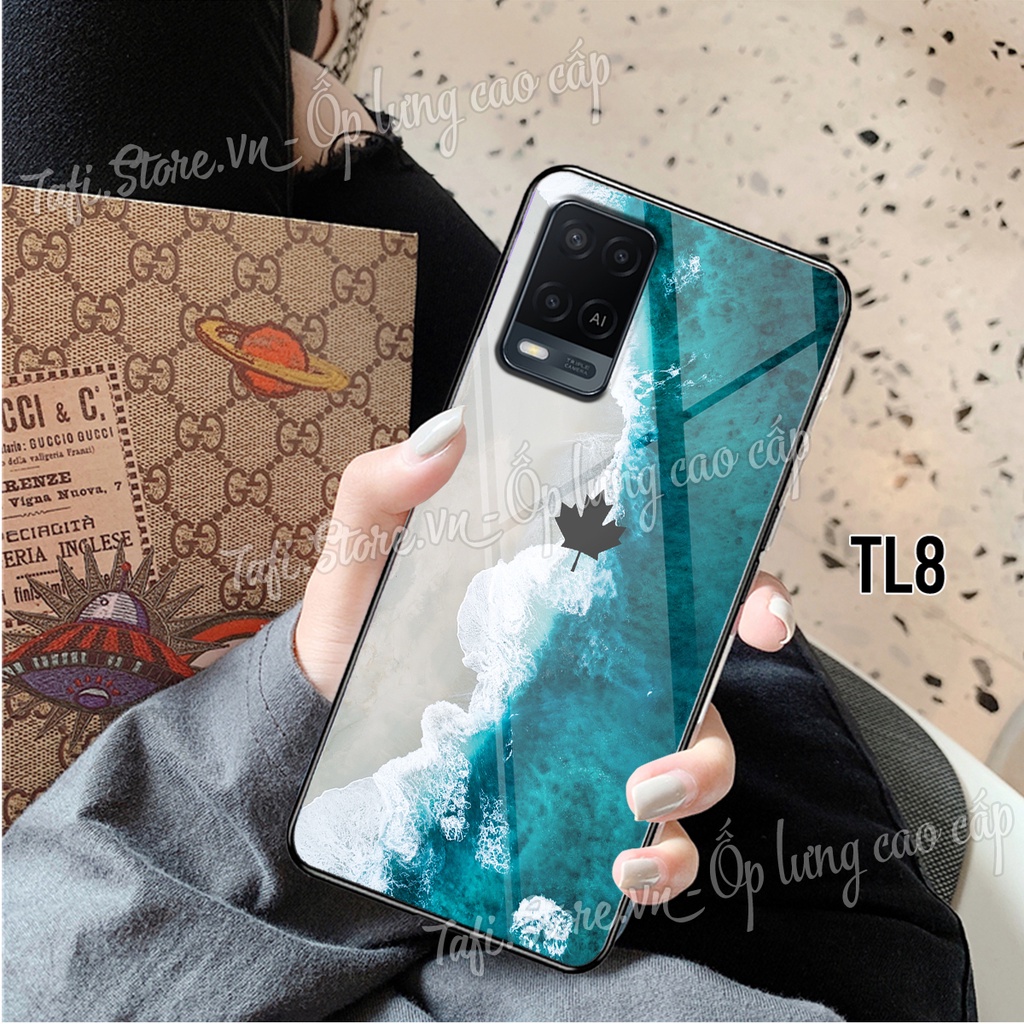 Ốp lưng Kính Oppo A54/A74/A94 viền silicon in hình Bầu trời bãi biển, lá phong, logo apple sang trọng, không bám bẩn.