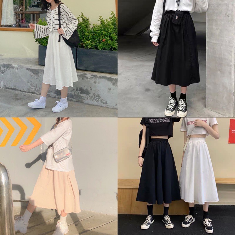 Chân váy xếp ly dáng dài chất đũi có túi bên ulzzang 3 màu phong cách Hàn Quốc