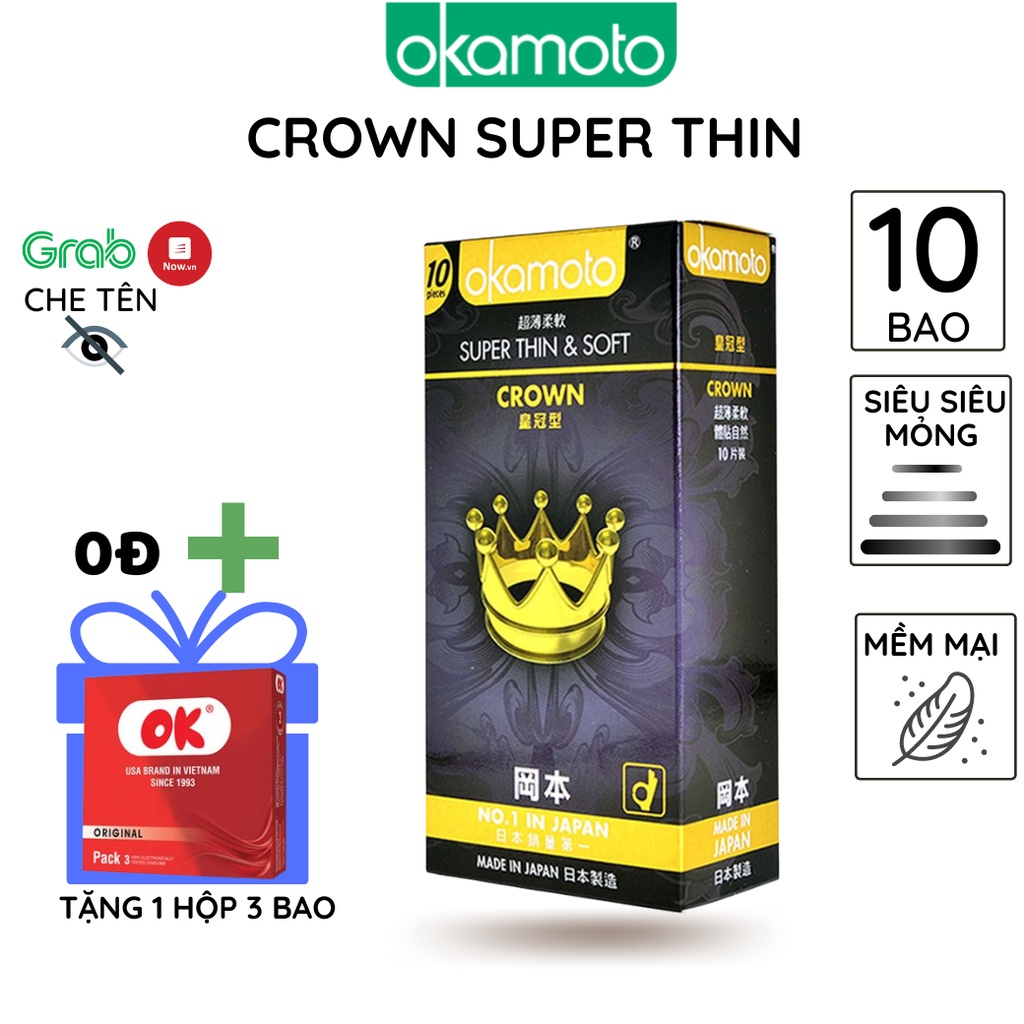 Bao Cao Su Okamoto Crown 10 cái/Hộp cỡ nhỏ Siêu mỏng mềm mại kéo dài thời gian chống tuột