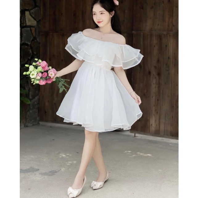 Váy trễ vai đan lưng 4 màu - Đầm bánh bèo đi tiệc
