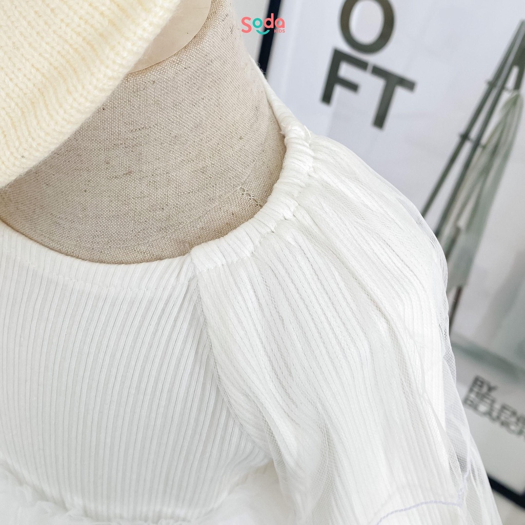 Body bé gái thiết kế voan xòe tiểu thư, tay bồng phối voan, chất liệu thun tăm co giãn phong cách Hàn Quốc